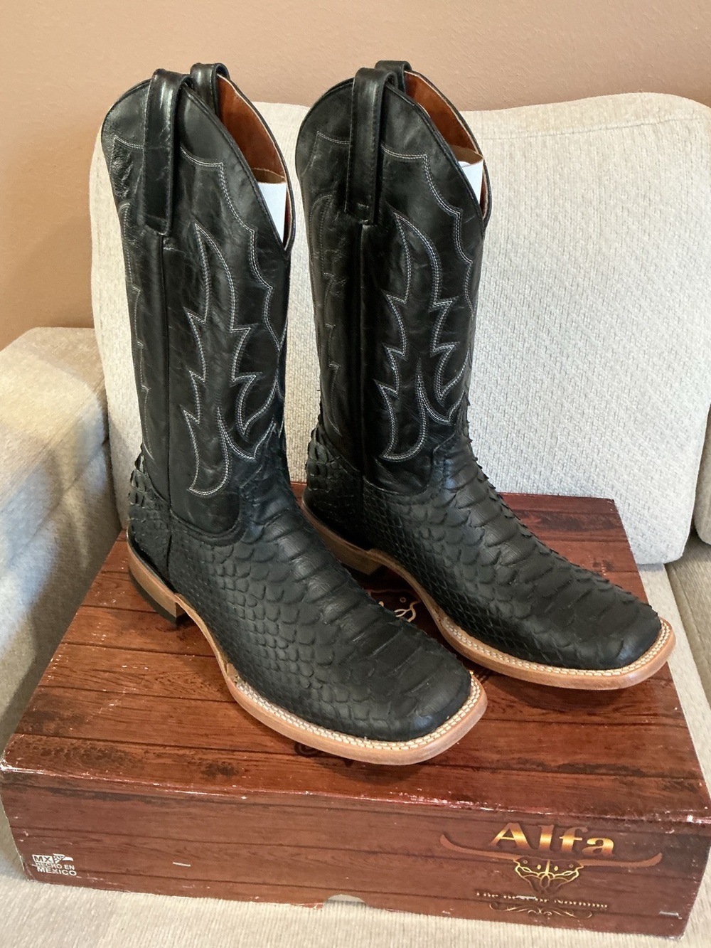 Alfa Western Wear Black Genuine Python Cowboy Boots